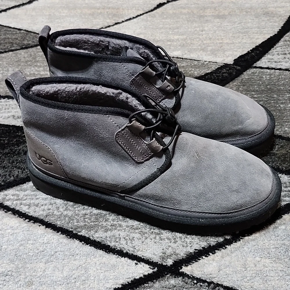 UGG NEUMEL GHILLIE GRAY SUEDE SHEEPSKIN ELASTIC LACES EMBOSSED LOGO SHOES